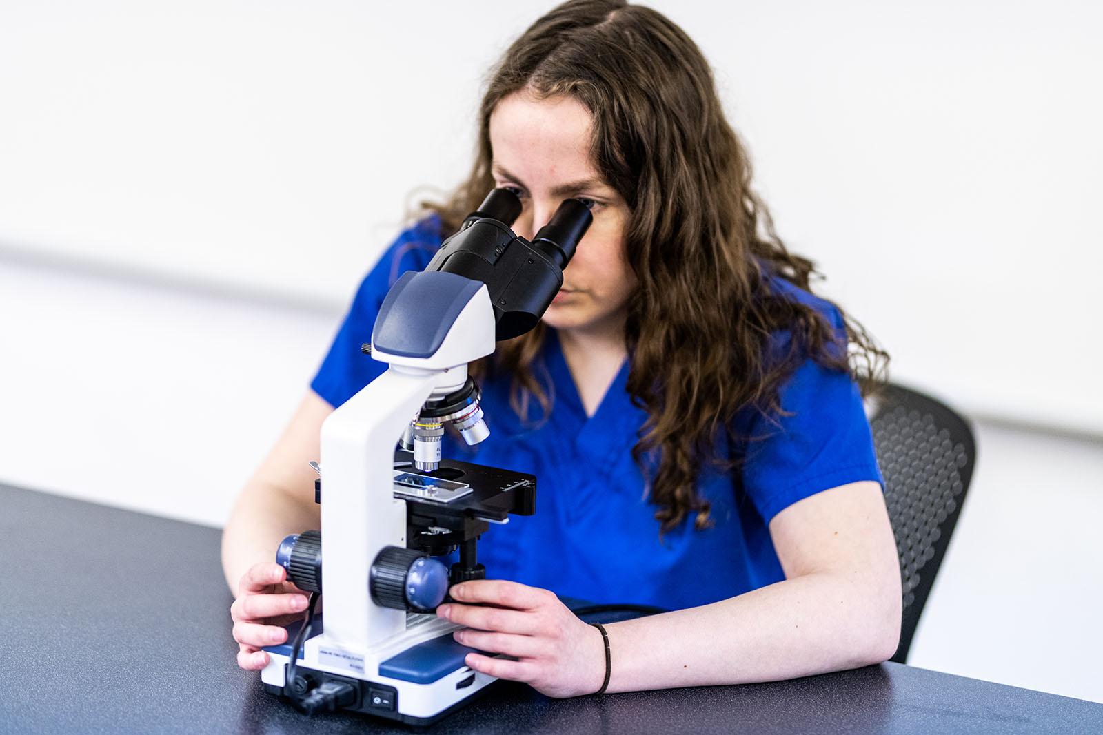 Student examine sample using a microscope.